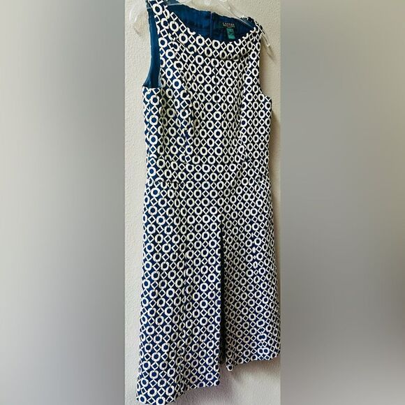 RALPH LAUREN BLUE/GOLD FAUX SPLIT FRONT SKIRT SHEATH DRESS SIZE 4 - Picture 4 of 11